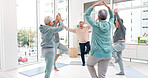 Senior workout, people with coach for fitness, wellness and training together. Happy, gym and elderly group of friends with trainer and gear for exercise in nursing home for retirement