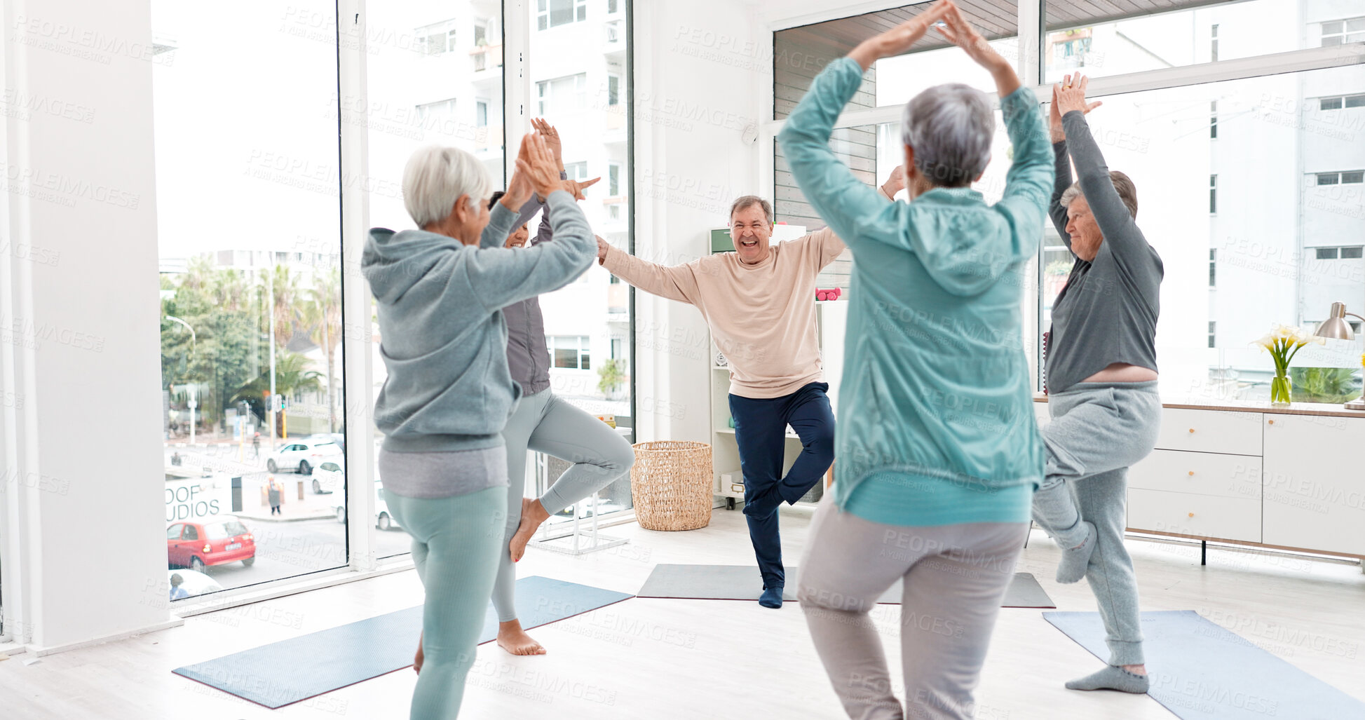 Buy stock photo Senior workout, people with coach for fitness, wellness and training together. Happy, gym and elderly group of friends with trainer and gear for exercise in nursing home for retirement