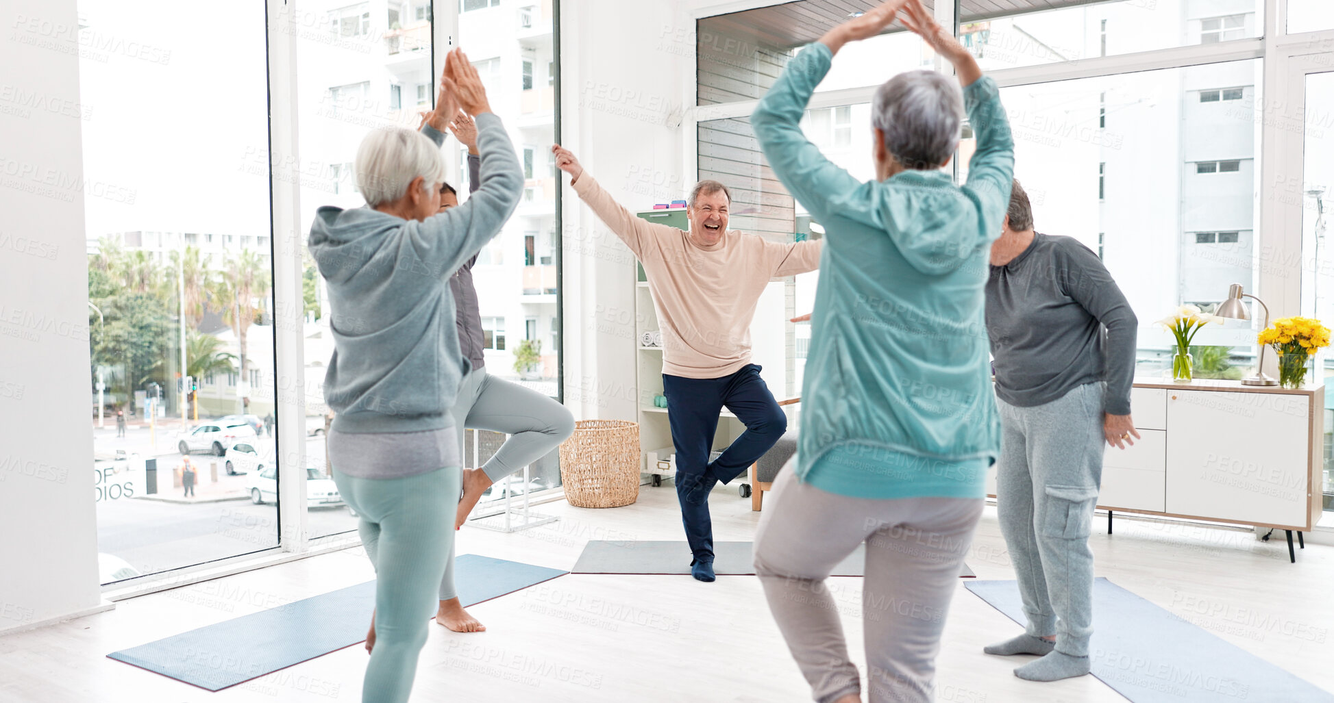 Buy stock photo Senior workout, people with coach for fitness, wellness and training together. Happy, gym and elderly group of friends with trainer and gear for exercise in nursing home for retirement