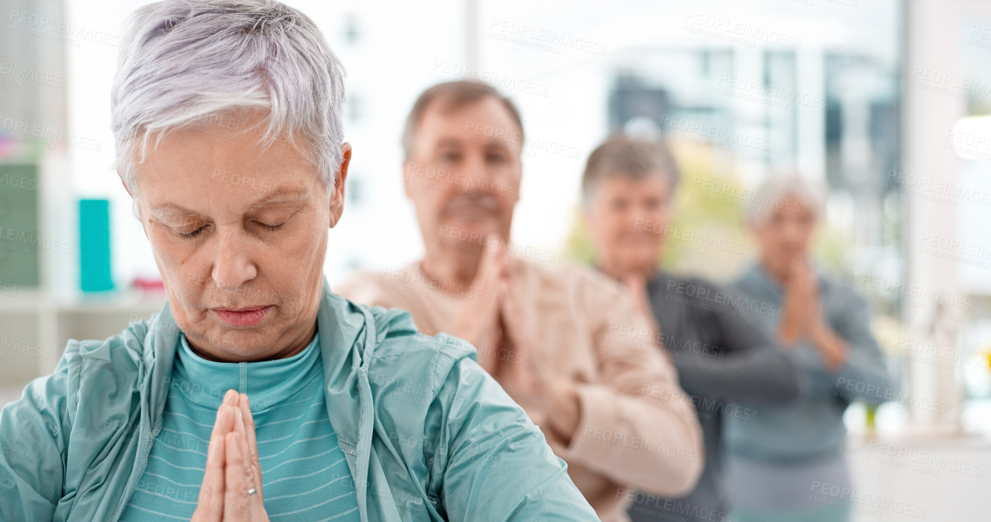 Buy stock photo Old people in yoga class, exercise and meditation with breathing, wellness and retirement. Health, fitness and healing with group workout, holistic with zen and peace, mindfulness and vitality