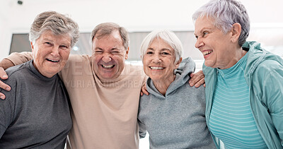 Elderly friends, selfie and smile in exercise group with hug, care and funny laugh with excited face for teamwork. Senior women, men and comic memory in gym, fitness or happy for post on social media