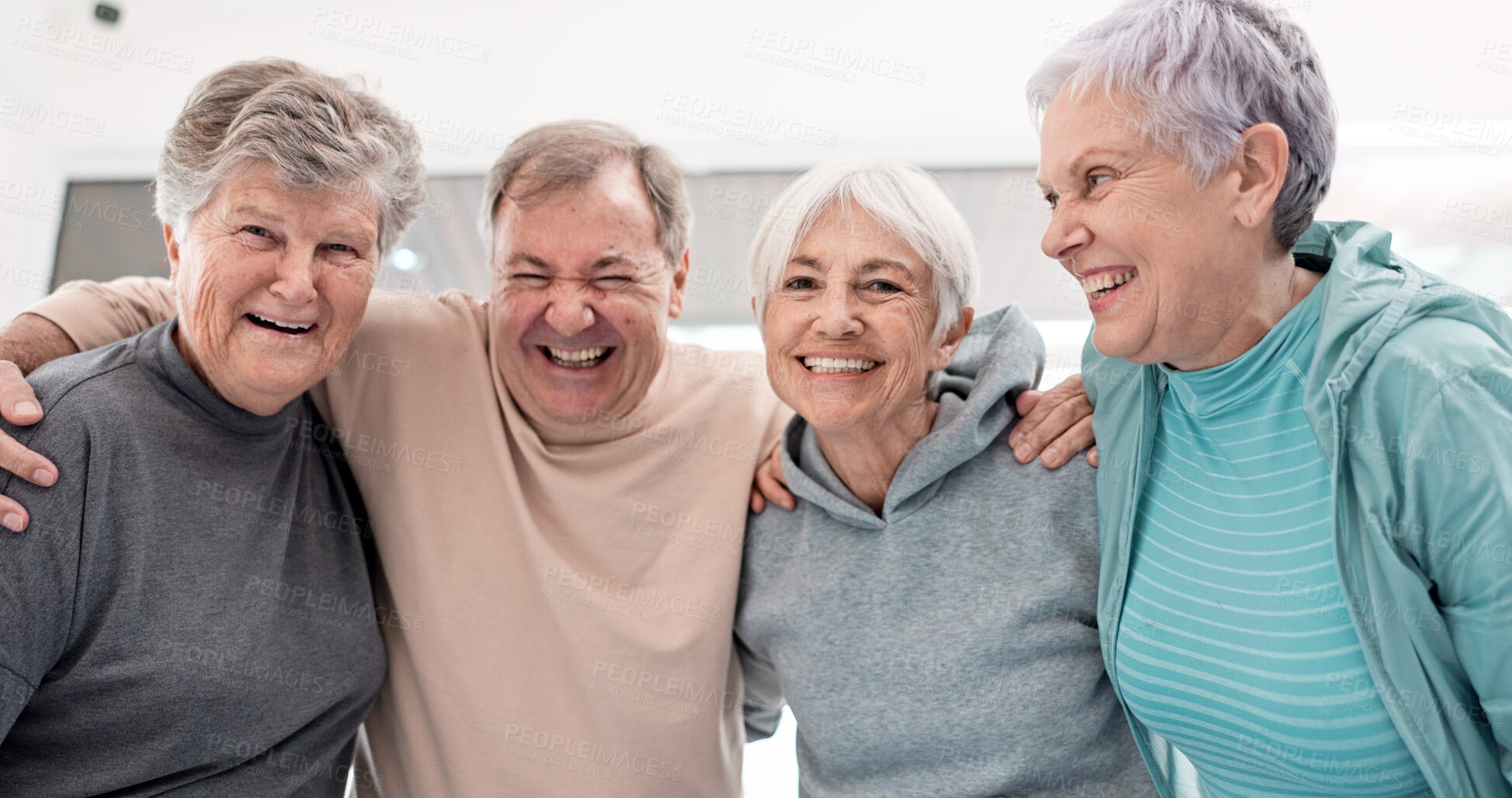 Buy stock photo Elderly friends, selfie and smile in exercise group with hug, care and funny laugh with excited face for teamwork. Senior women, men and comic memory in gym, fitness or happy for post on social media