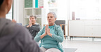 Old people in yoga class, fitness and meditation with breathing, wellness and retirement. Health, exercise and stretching, women and workout with elderly care and zen, mindfulness and vitality