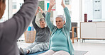 Old people in yoga class, fitness and meditation with breathing, wellness and retirement. Health, exercise and stretching, women and workout with elderly care and zen, mindfulness and vitality