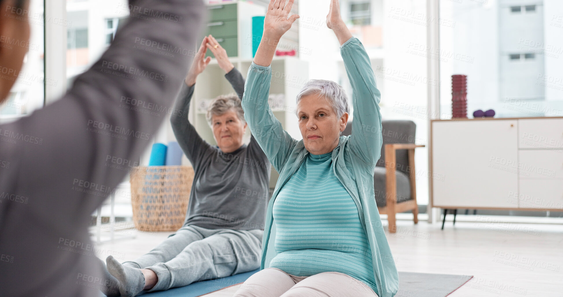 Buy stock photo Old people in yoga class, fitness and meditation with breathing, wellness and retirement. Health, exercise and stretching, women and workout with elderly care and zen, mindfulness and vitality