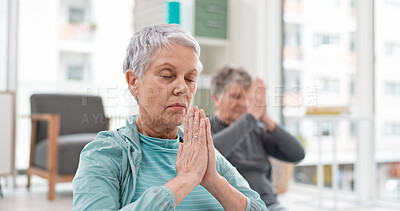 Senior people, yoga class and coach meditation, prayer and peace hands for exercise, holistic wellness and mindfulness. Spiritual workout, group and calm elderly women, clients and personal trainer
