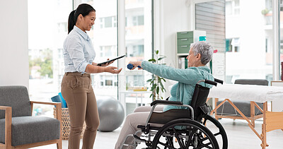 Woman with disability, physiotherapy and dumbbell exercise for healthcare assessment, test or digital checklist of medical progress. Physiotherapist, tablet or consulting senior patient in wheelchair