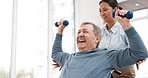 Physical therapy, senior patient with dumbbells and chiropractor with weightlifting, monitor progress and exercise. Help, support with old man and woman at clinic, muscle  and health with physio