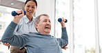 Physical therapy, senior patient with dumbbells and chiropractor with weightlifting, monitor progress and exercise. Help, support with old man and woman at clinic, muscle  and health with physio