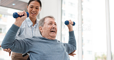 Physical therapy, senior patient with dumbbells and chiropractor with weightlifting, monitor progress and exercise. Help, support with old man and woman at clinic, muscle and health with physio