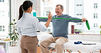 Physical therapy, patient and chiropractor, stretching with resistance band and muscle with high five. Help, support and woman with old man at clinic, elderly care and fitness with physio success