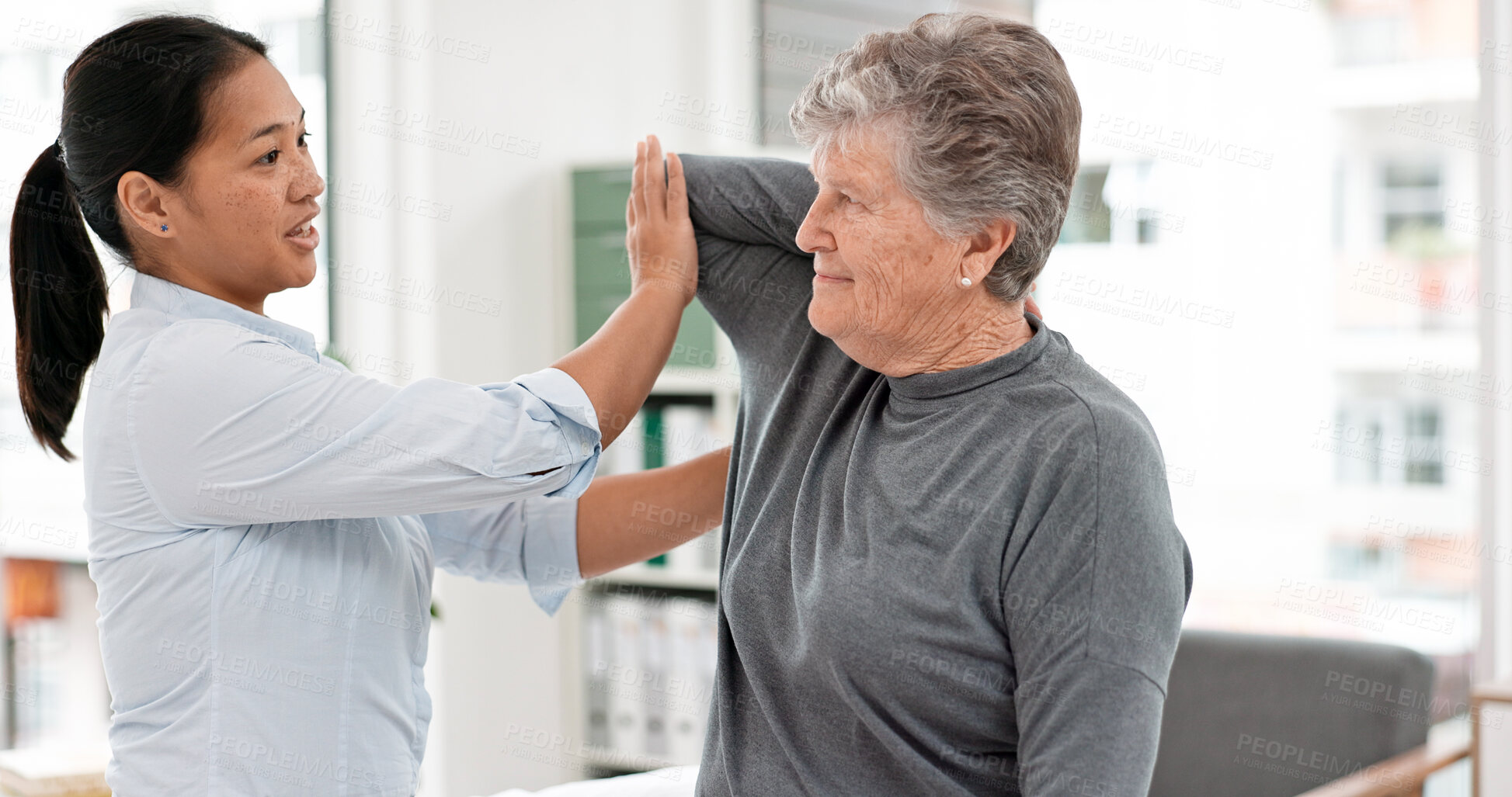 Buy stock photo Physical therapy, therapist and senior woman for elbow, joint pain and stretching support or rehabilitation. Physiotherapy, medical professional or chiropractor person for arm check of elderly client