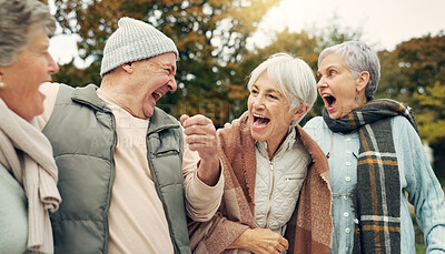 Friends, laughing and senior people in park for bonding, conversation and quality time together outdoors. Retirement, happy and elderly man and women in nature with funny joke, humor and happiness
