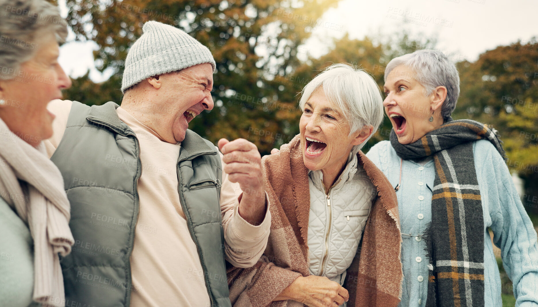 Buy stock photo Friends, laughing and senior people in park for bonding, conversation and quality time together outdoors. Retirement, happy and elderly man and women in nature with funny joke, humor and happiness