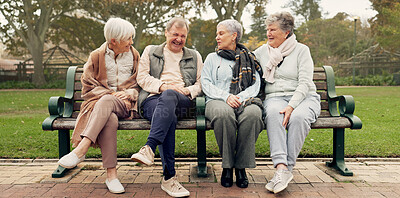 Buy stock photo Conversation, nature and mature friends in a park sitting on bench for fresh air together. Happy, smile and group of senior people in retirement in discussion or talking in an outdoor green garden.