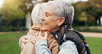 Love, connection and elderly women hugging for affection, romance and bonding on an outdoor date. Nature, commitment and senior female couple in retirement with intimate moment in a garden or park.