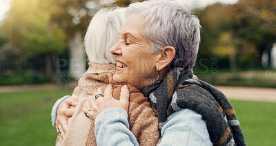 Love, connection and elderly women hugging for affection, romance and bonding on an outdoor date. Nature, commitment and senior female couple in retirement with intimate moment in a garden or park.