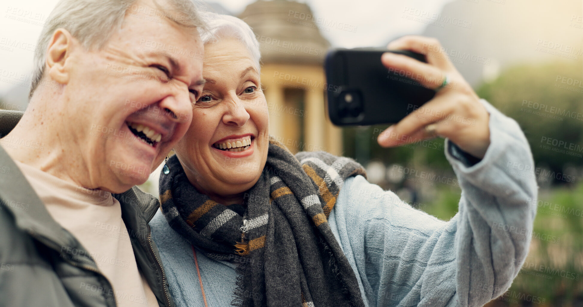 Buy stock photo Selfie, smile and senior couple in a park, happy and laugh, relax and bond in nature on the weekend. Love, fun and elderly man and woman relax outdoor with profile picture while enjoying retirement