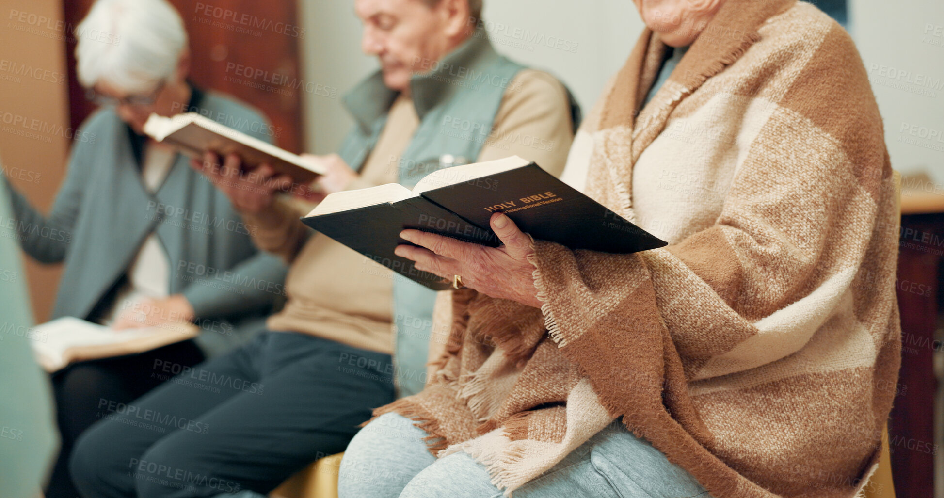 Buy stock photo Praying, worship and hands of people in bible study for support, Christian and spiritual. Community, faith and religion with closeup of prayer group in church for connection, hope or meeting together