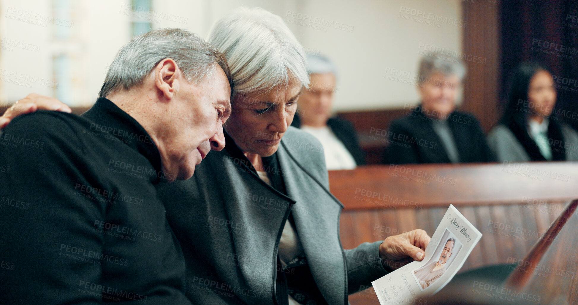 Buy stock photo Couple, funeral or sad old man crying in church for God, healing or comfort in Christian community. Elderly woman, depressed or support for an upset mature person in chapel for grief, loss or death