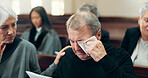 Sad, funeral or old man crying in church for God, holy spirit or religion in Christian community cathedral. Tissue, depressed or support for upset elderly person in chapel for grief, loss or death