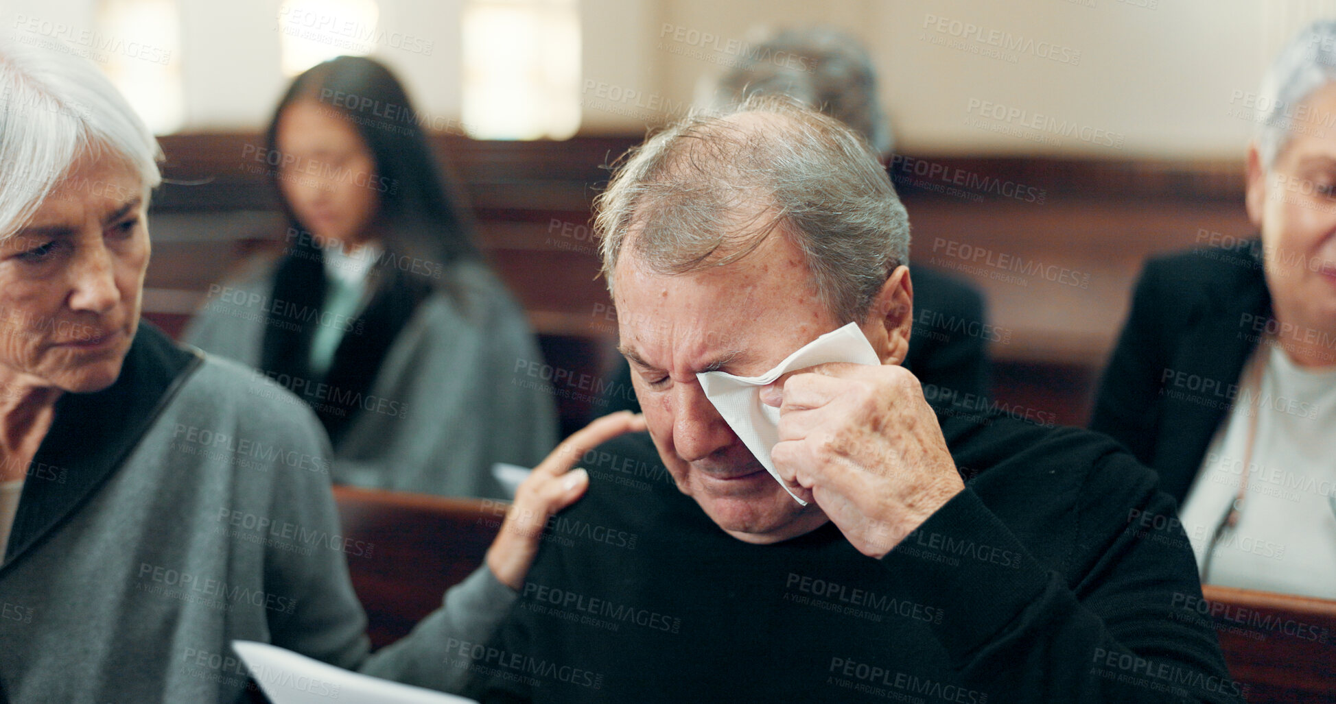 Buy stock photo Sad, funeral and senior man crying in church for God, holy spirit or religion in Christian community cathedral. Tissue, grief or support for upset elderly person in chapel for emotional pain and loss