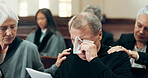 Sad, funeral or old man crying in church for God, holy spirit or religion in Christian community cathedral. Tissue, depressed or support for upset elderly person in chapel for grief, loss or death