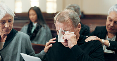 Sad, funeral or old man crying in church for God, holy spirit or religion in Christian community cathedral. Tissue, depressed or support for upset elderly person in chapel for grief, loss or death