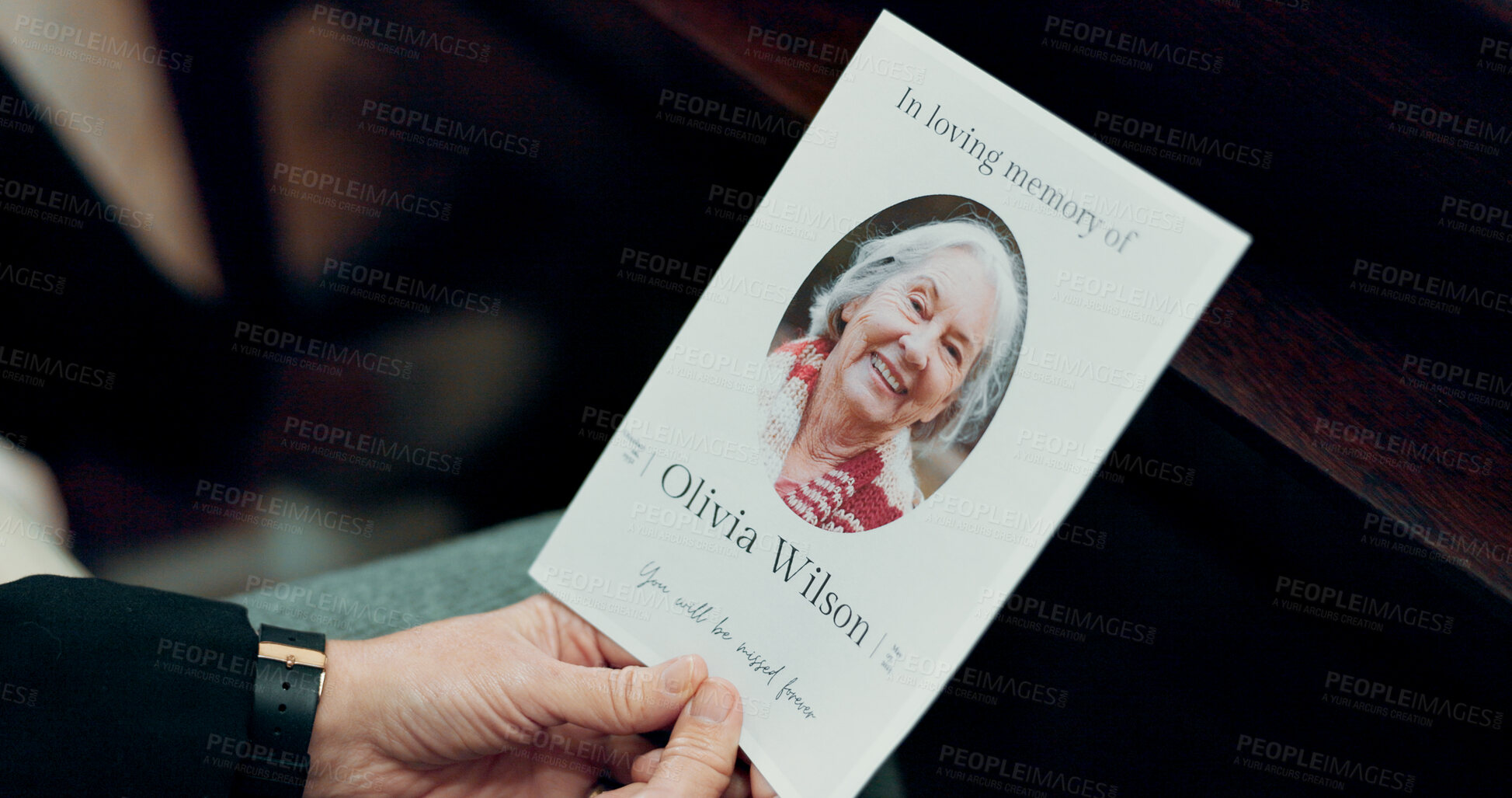 Buy stock photo Funeral, photo and senior woman death in church with respect and farewell memorial. Goodbye, hands and chapel with sadness and mourning of grandmother with information and picture of elderly person