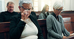 Sad, funeral or old woman crying in church for God, holy spirit or religion in cathedral or Christian community. Tissue, depressed or upset elderly person in chapel or sanctuary for Jesus Christ