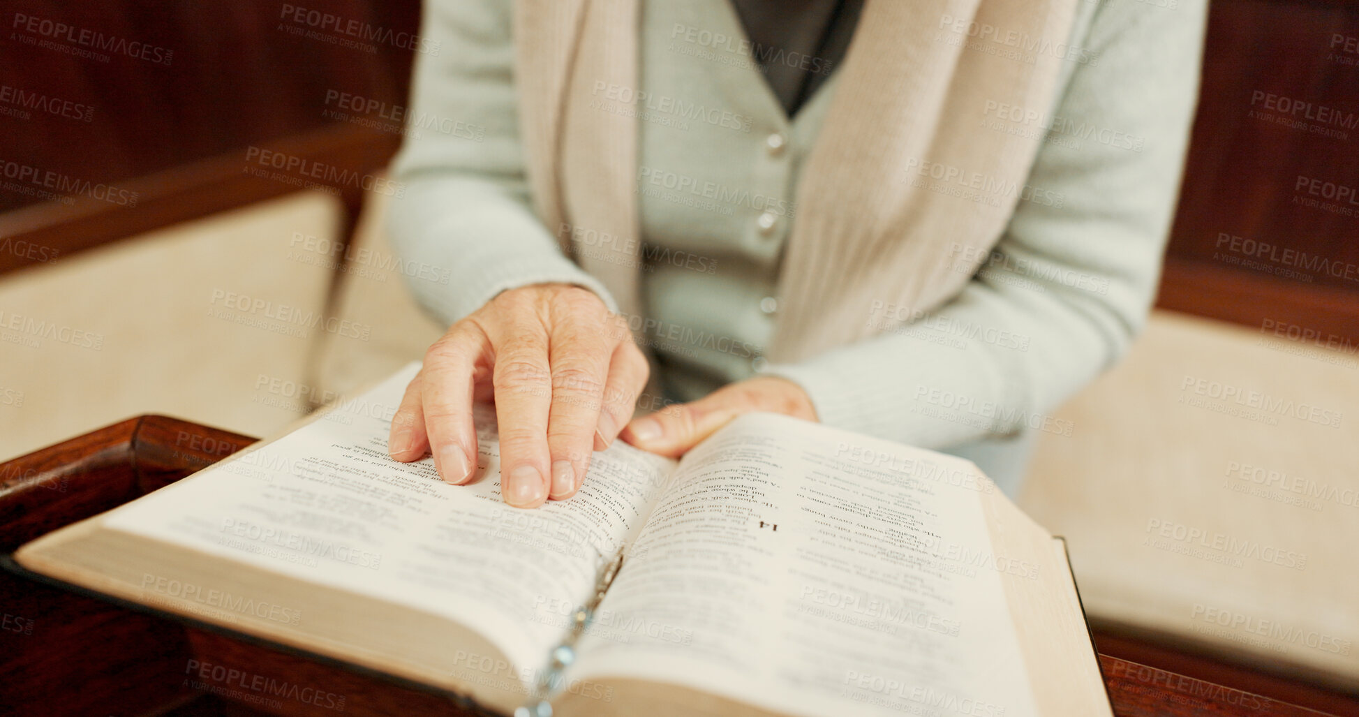 Buy stock photo Studying, bible or hands of woman in church ready to worship God, holy spirit or religion in Christian cathedral. Faith closeup, learning or lady reading book in chapel praying to praise Jesus Christ