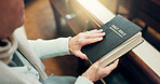 Reading, bible or hands of woman in church ready to worship God, holy spirit or religion in Christian cathedral. Faith, spiritual lady or person reading book in chapel praying to praise Jesus Christ