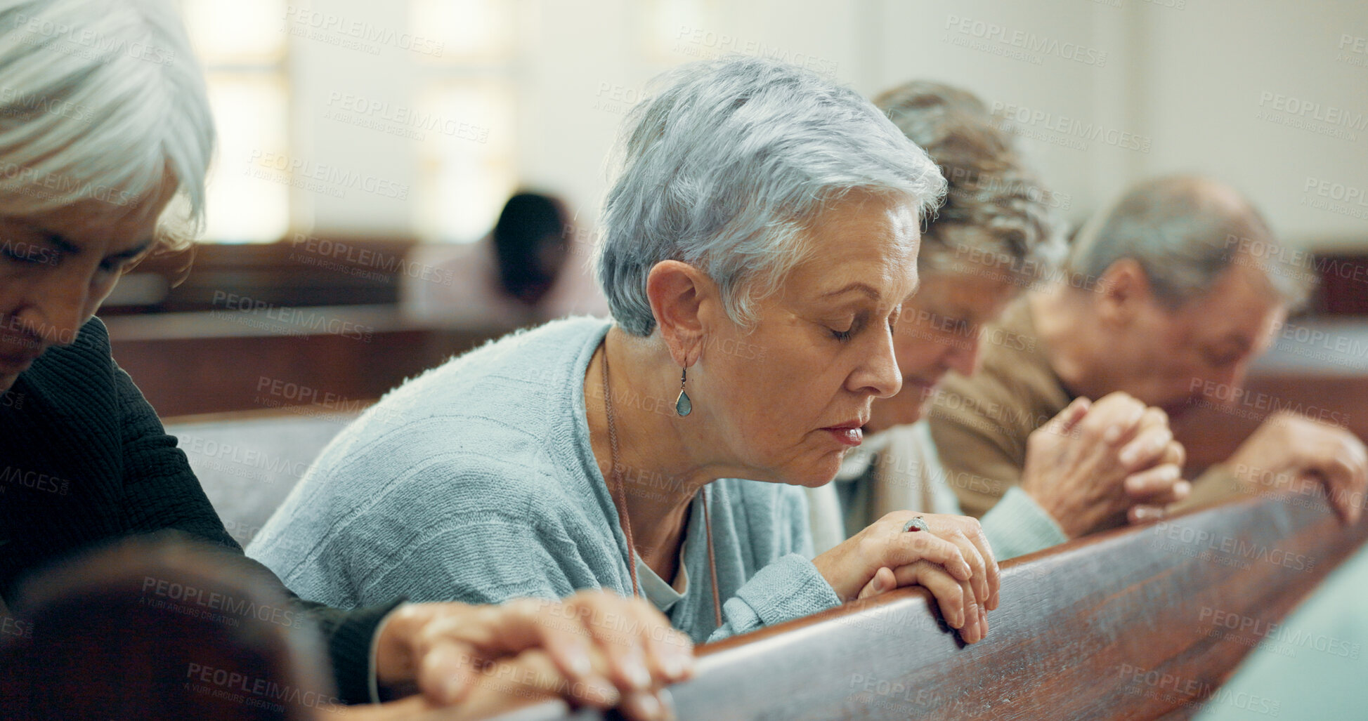 Buy stock photo Elderly, prayer or old woman in church for God, holy spirit or religion in cathedral or Christian community. Faith, spiritual lady or senior person in chapel or sanctuary to praise Jesus Christ