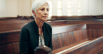 Church, bible or senior Christian woman ready to worship God, holy spirit or religion in cathedral alone. Faith, mature spiritual lady or elderly person in chapel praying to praise Jesus Christ