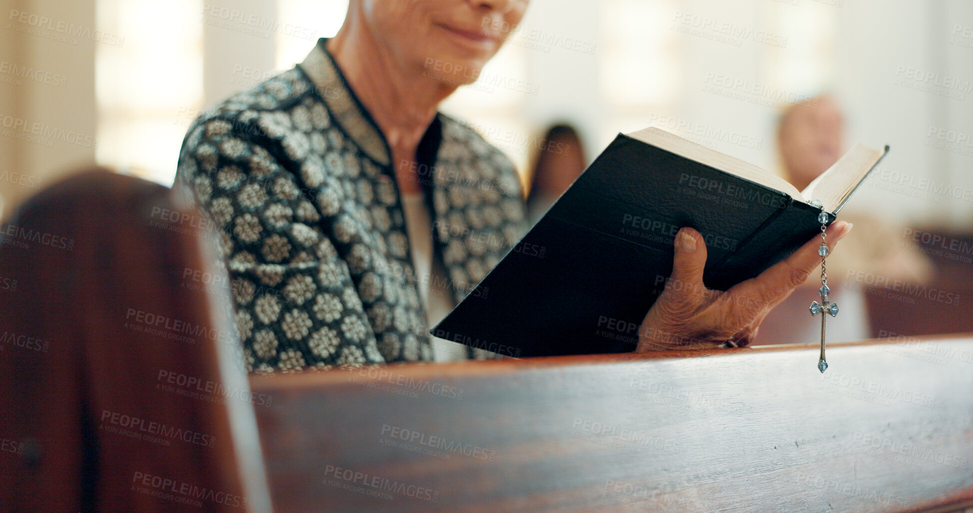 Buy stock photo Hands, reading book or woman in church for God, holy spirit or religion in Christian community cathedral. Faith worship, bible or closeup of person praying or studying gospel to praise Jesus Christ