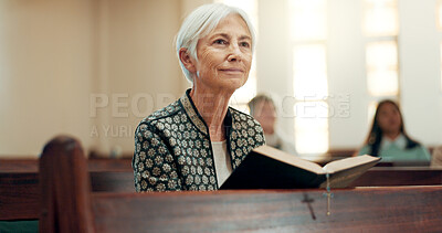 Bible, religion and a senior woman in a church for a sermon on faith or christian belief while sitting in a pew. Prayer, worship or reading with an elderly female person hearing about God and Jesus