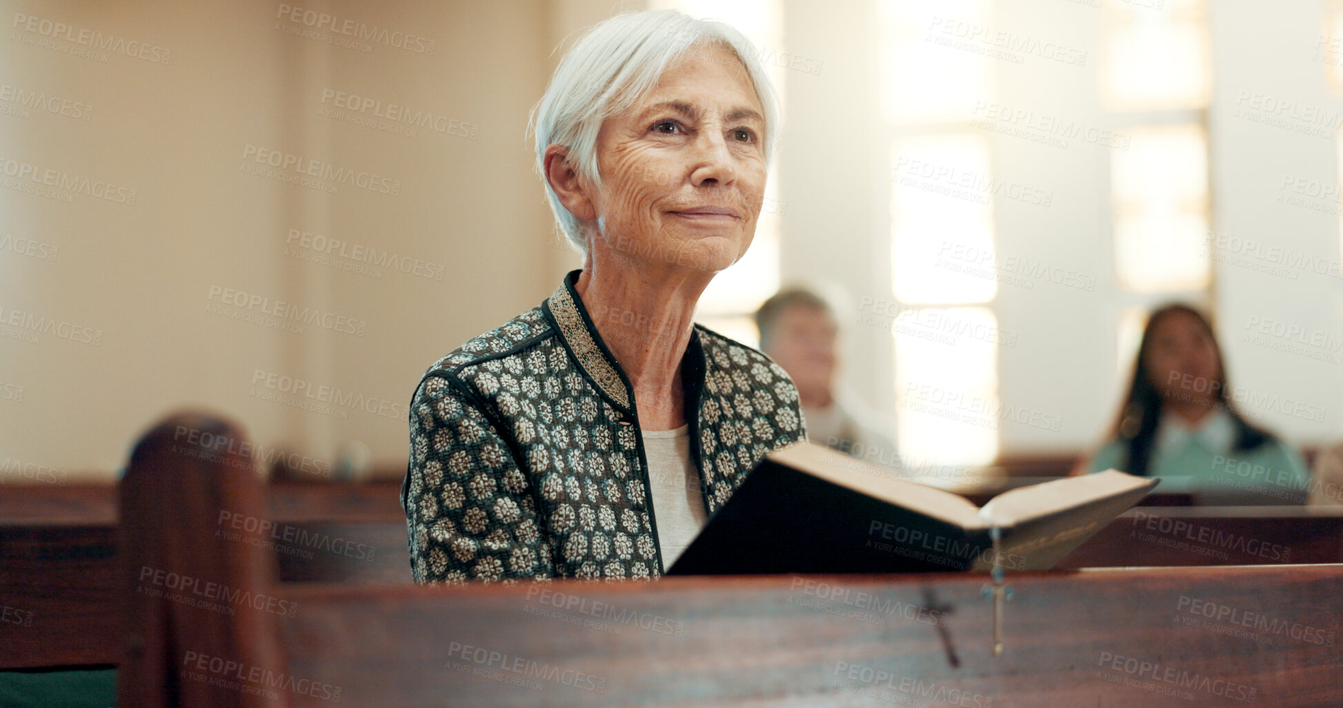 Buy stock photo Bible, religion and a senior woman in a church for a sermon on faith or christian belief while sitting in a pew. Prayer, worship or reading with an elderly female person hearing about God and Jesus