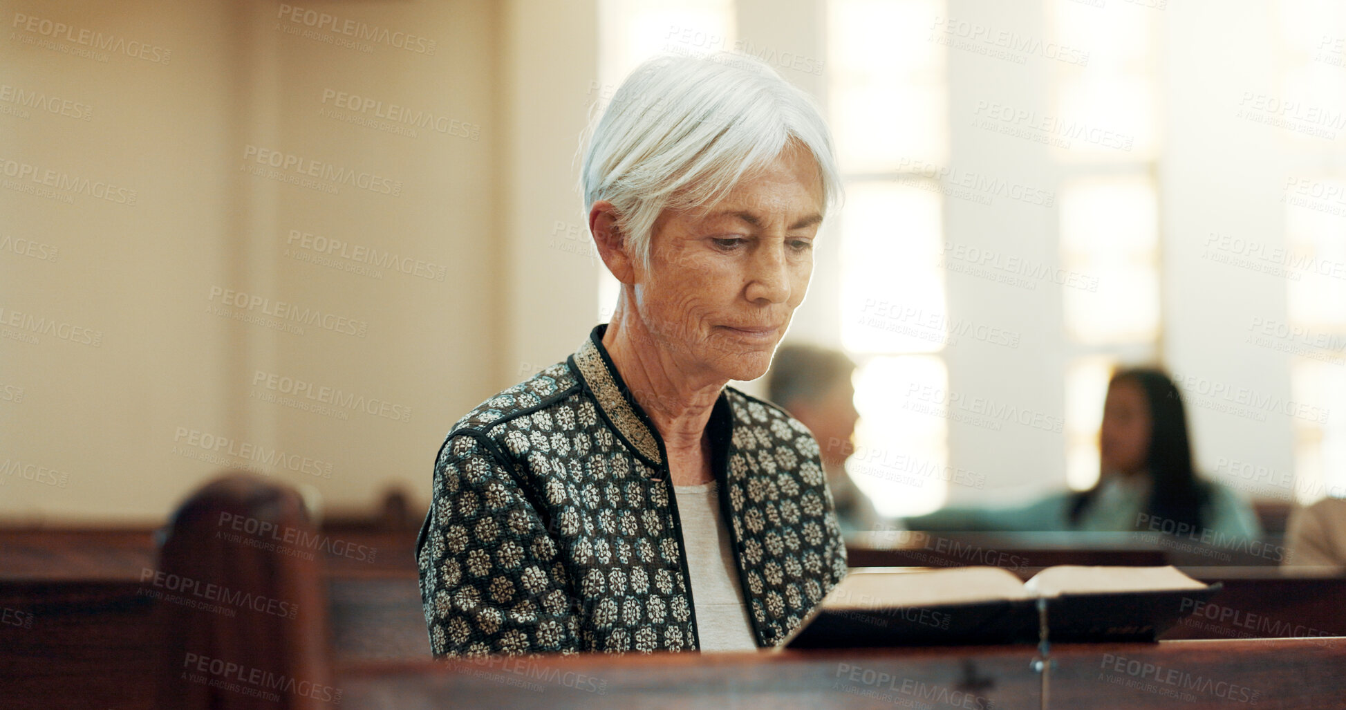 Buy stock photo Bible, religion and a senior woman in a church for a sermon on faith or christian belief while sitting in a pew. Prayer, worship or reading with an elderly female person hearing about God and Jesus