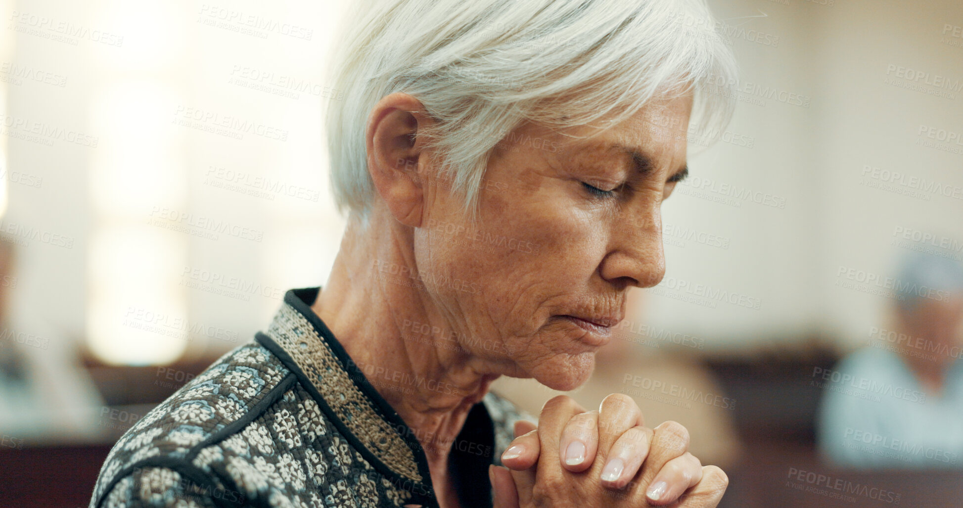 Buy stock photo Senior, prayer or old woman in church for God, holy spirit or religion in cathedral or Christian community. Faith, spiritual or face of elderly person in chapel or sanctuary to praise Jesus Christ