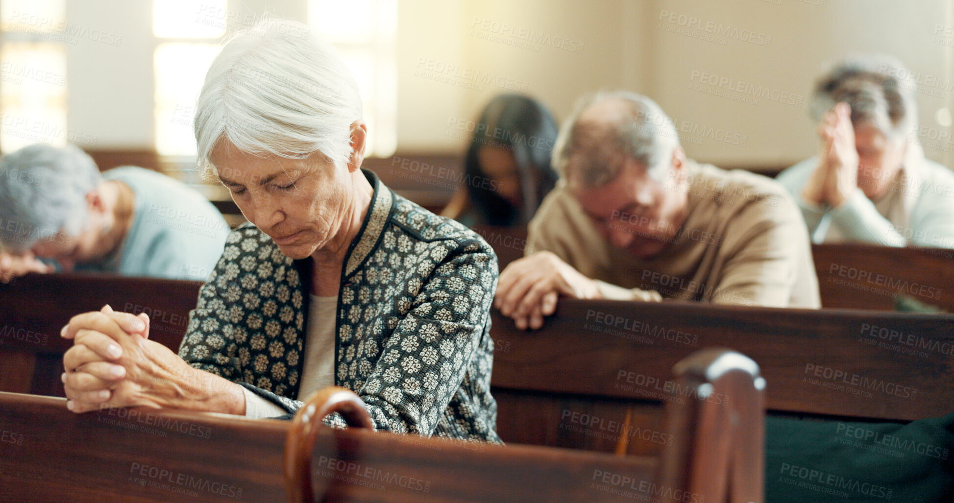 Buy stock photo Faith, prayer or old woman in church for God, holy spirit or religion in cathedral or Christian community. Worship, spiritual lady or elderly person in chapel or sanctuary to praise Jesus Christ