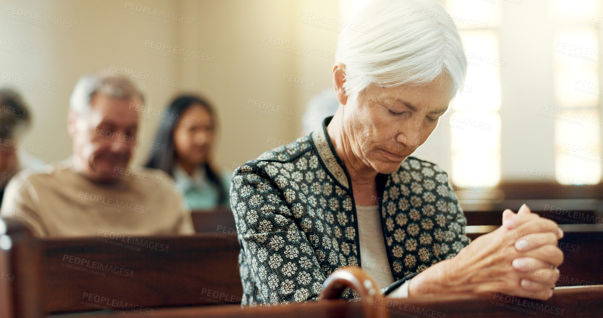 Buy stock photo Worship, prayer or old woman in church for God, holy spirit or religion in cathedral or Christian community. Faith, spiritual or elderly person in chapel or sanctuary to praise Jesus Christ