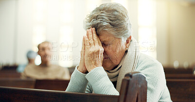 Worship, praying or old woman in church for God, holy spirit or religion in cathedral or Christian community. Faith, spiritual or elderly person in chapel sanctuary to praise Jesus Christ with hope