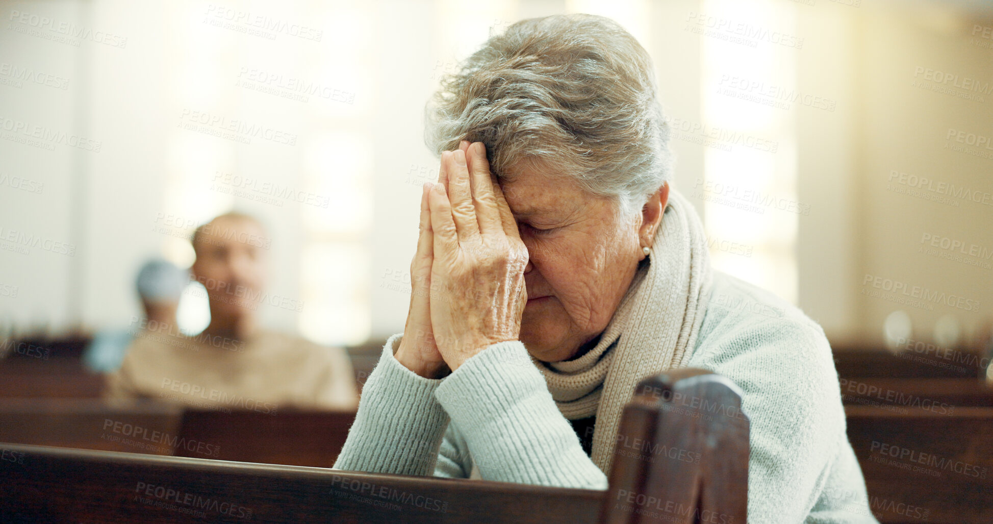 Buy stock photo Worship, praying or old woman in church for God, holy spirit or religion in cathedral or Christian community. Faith, spiritual or elderly person in chapel sanctuary to praise Jesus Christ with hope