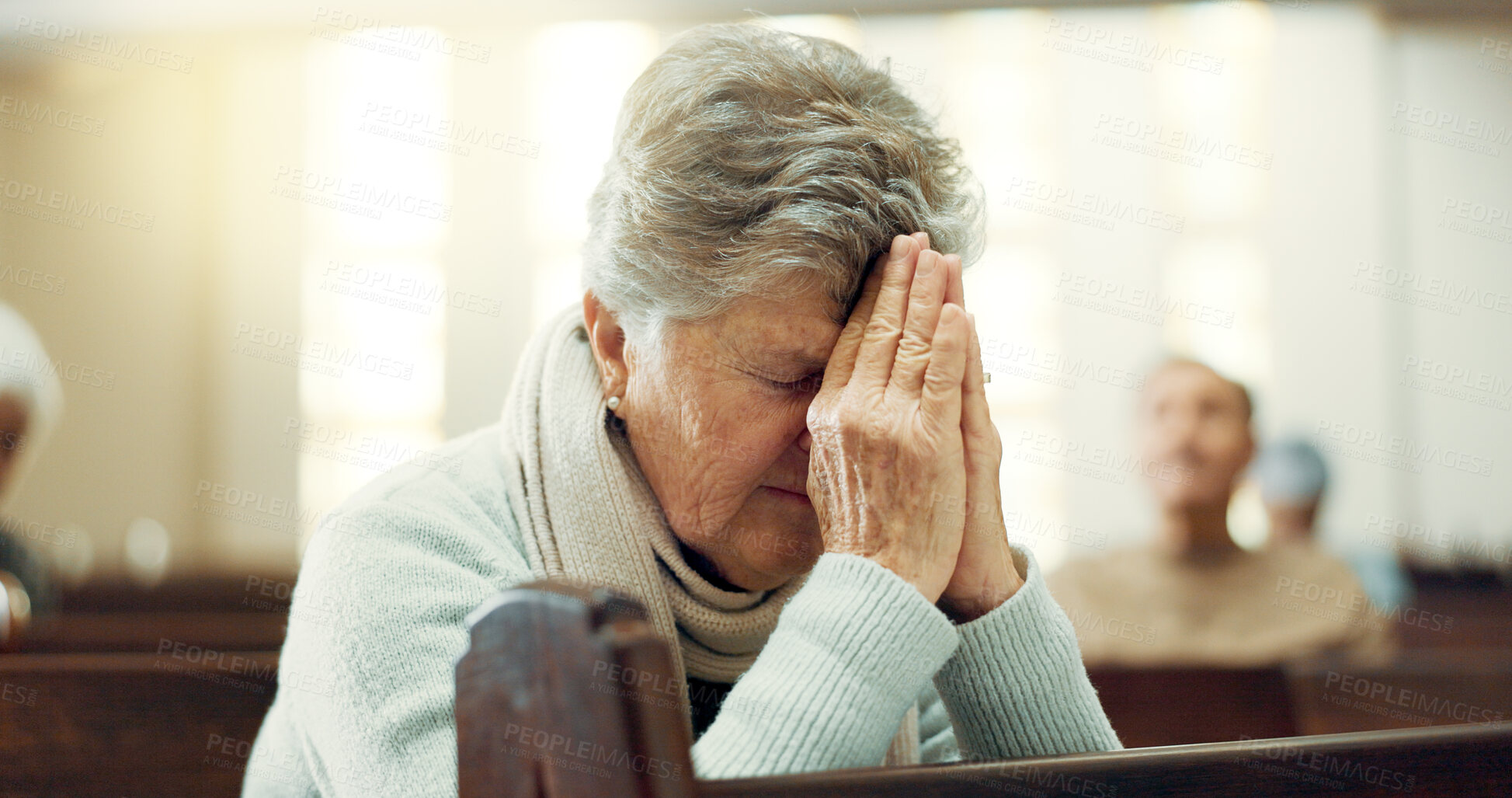 Buy stock photo Worship, praying or old woman in church for God, holy spirit or religion in cathedral or Christian community. Faith, spiritual or elderly person in chapel sanctuary to praise Jesus Christ with hope