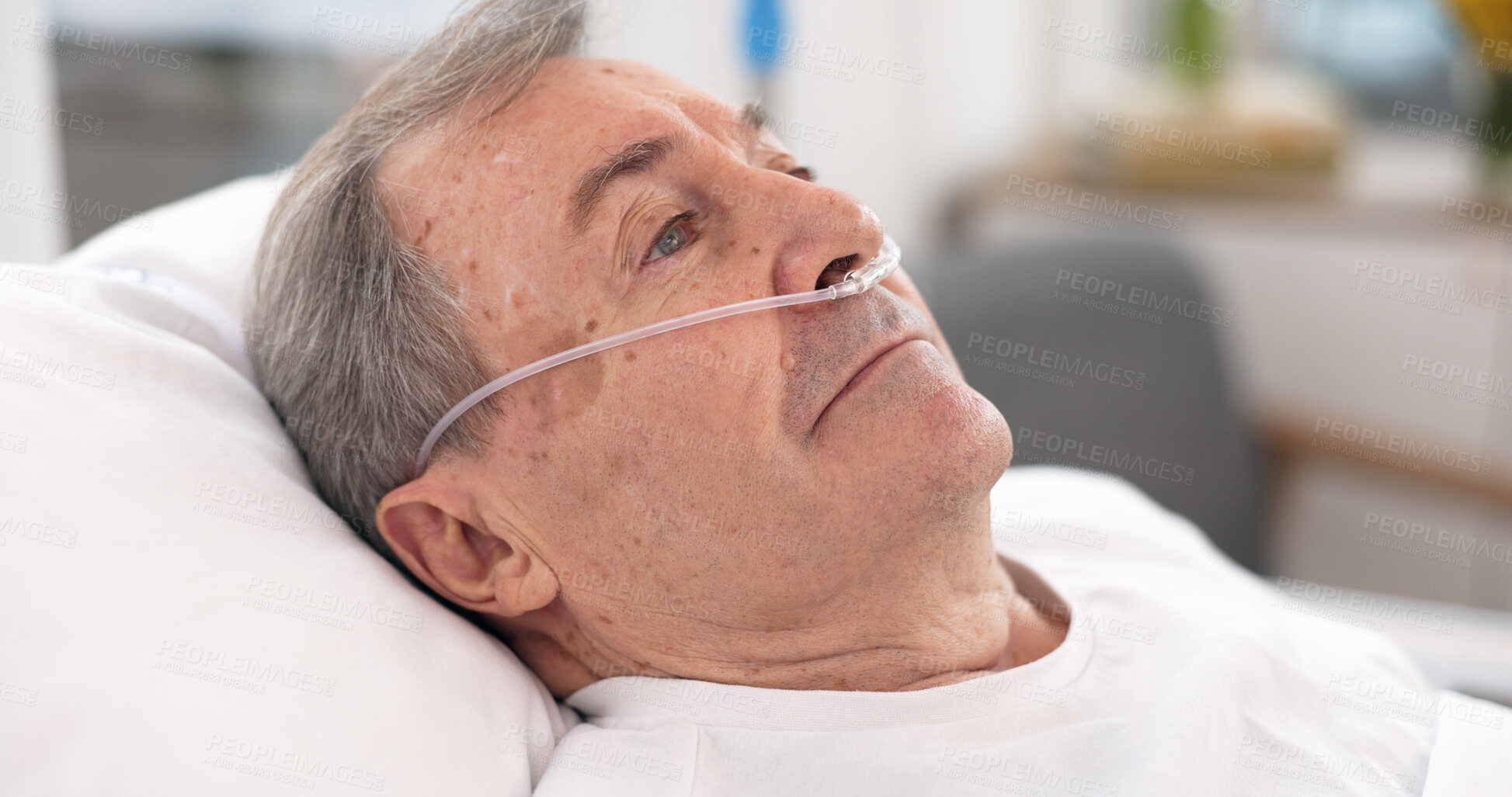 Buy stock photo Oxygen, hospital bed and senior man with ventilation and breathing tube support in a clinic. Elderly patient, medical care and emergency room with male person at a doctor for wellness and healthcare