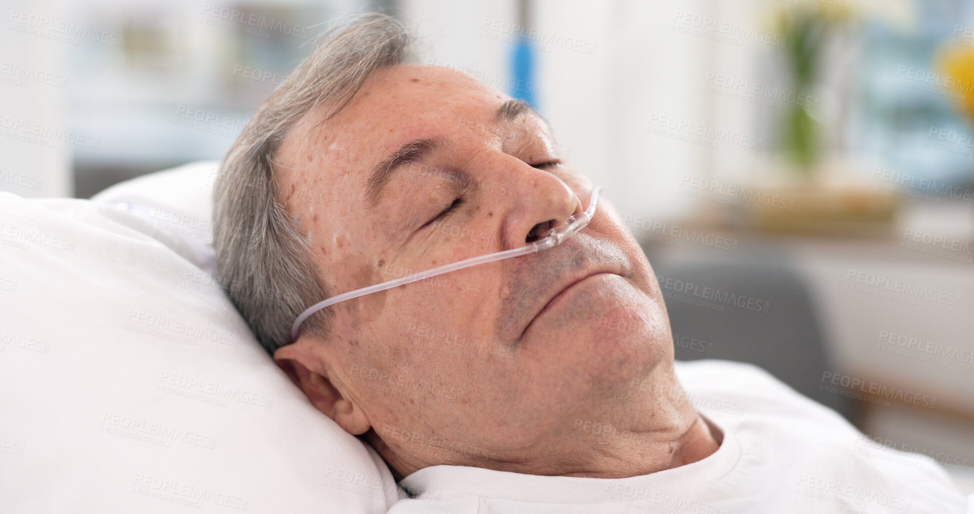 Buy stock photo Oxygen, hospital bed and senior man sleeping with ventilation and breathing tube support in a clinic. Elderly patient, medical care and emergency room with male person at a doctor for healthcare