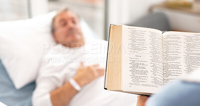 Medical, a woman reading the bible to her husband during a visit and a couple in the hospital. Healthcare, retirement or religion with a wife and senior man patient at a clinic for faith in god