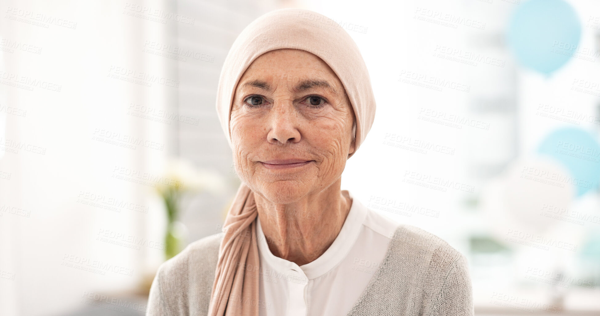 Buy stock photo Face, elderly woman and cancer patient in hospital for healthcare, wellness and healing. Portrait, senior and sick person in clinic with strong mindset for courage to fight for health in retirement