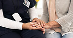 Senior person, holding hands and caregiver empathy, support and elderly care for client with medical problem. Retirement home, wellness and closeup clinic therapist, surgeon or nurse with kindness