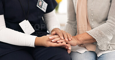 Senior person, holding hands and caregiver empathy, support and elderly care for client with medical problem. Retirement home, wellness and closeup clinic therapist, surgeon or nurse with kindness